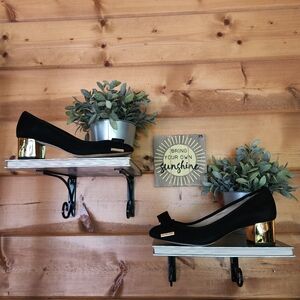 Michael Kors Kiera Mid Pump Gold Metallic‎ Heels Black Suede Leather Bow Sz 7.5M